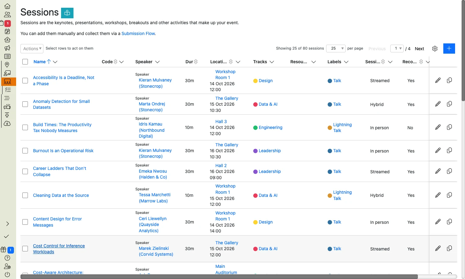 The rebuilt sessions list