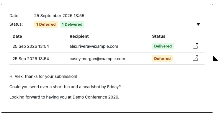 Delivery status in a message thread A message thread with its Status row open, listing each address’s latest attempt